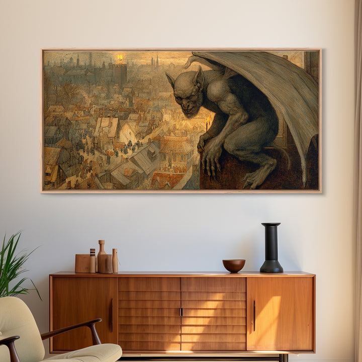 The Gargoyle Sentinel, Northern Renaissance Horror, Wide Panoramic Art, Gothic Horror Wall Art, Canvas Print, Halloween Wall Art