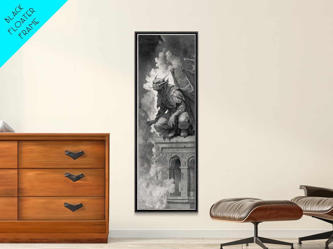 The Gargoyle Sentinel, Renaissance Engraving Art, Tall Narrow Wall Art, Dark Fantasy Wall Art, Canvas Print, Halloween Wall Art