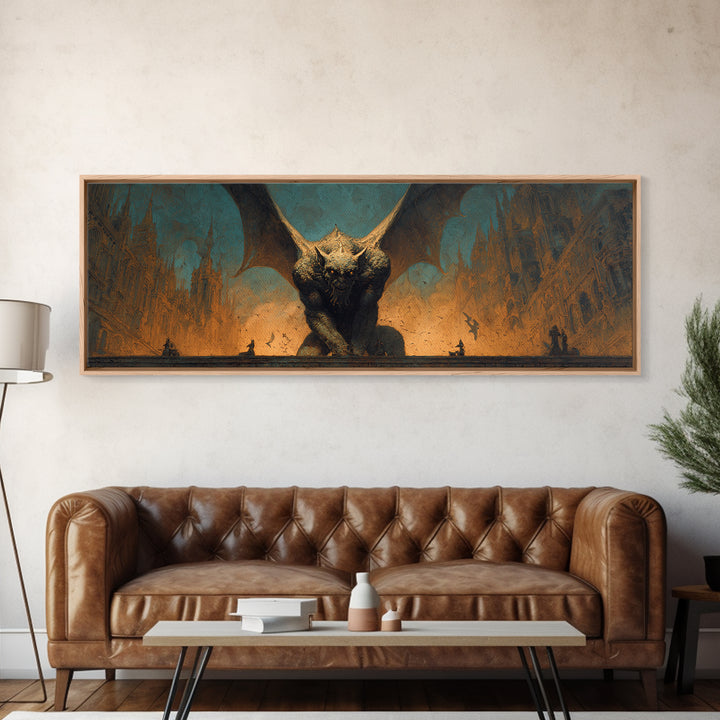 The Gargoyle Sentinel, Apocalyptic Romantic Art, Extra Wide Wall Art, Gothic Horror Wall Art, Framed Canvas Print, Halloween Wall Art