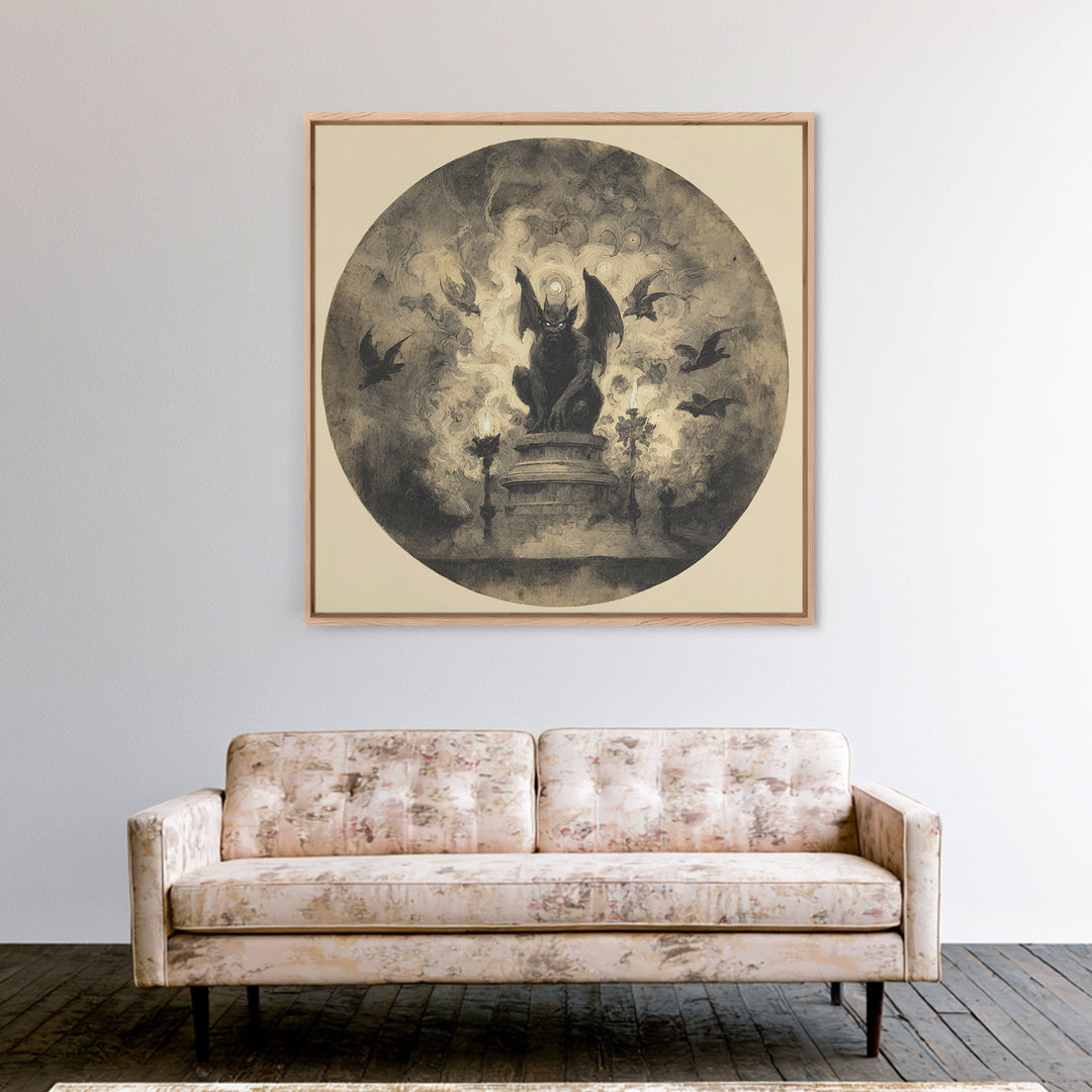 The Gargoyle Sentinel, Symbolist Dream Art, Square Wall Art, Dark Halloween Decor, Framed Canvas Print, Halloween Wall Art