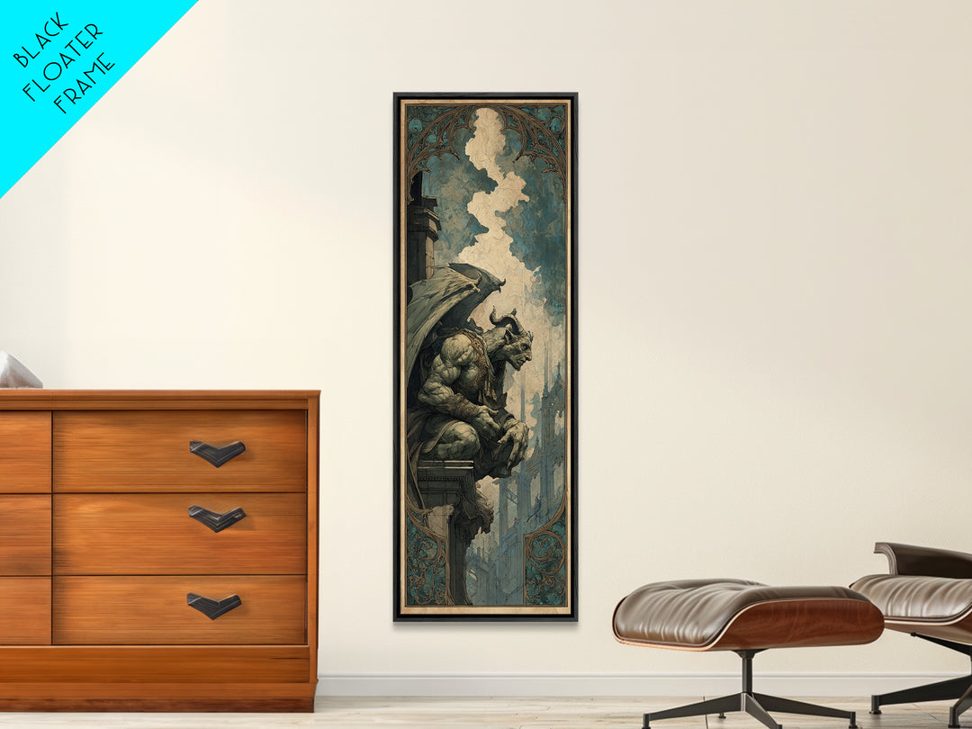 The Gargoyle Sentinel, Ornate Symbolist Art, Tall Narrow Wall Art, Dark Halloween Decor, Framed Canvas Print, Halloween Wall Art