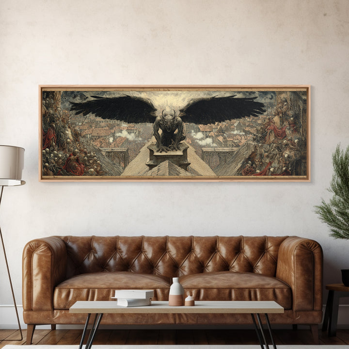 The Gargoyle Sentinel, Grotesque Carnival Art, Extra Wide Wall Art, Gothic Horror Wall Art, Canvas Print, Halloween Wall Art