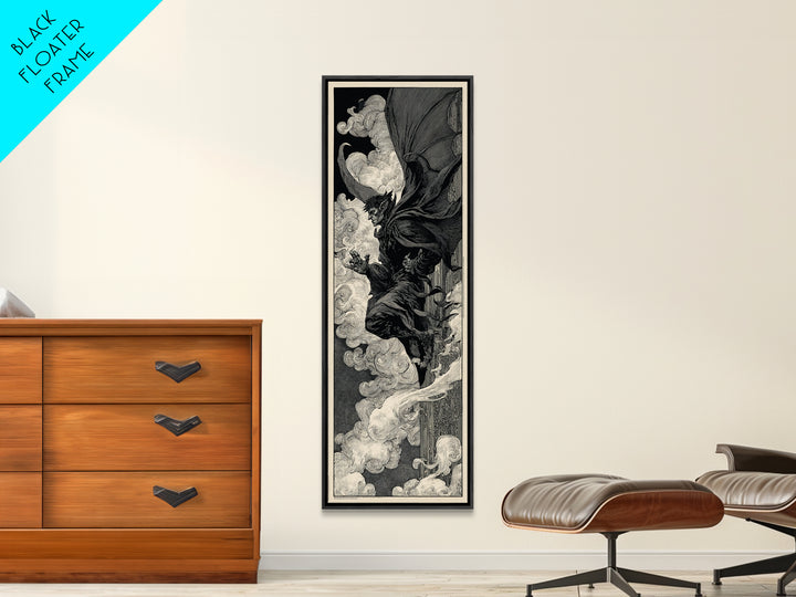 The Gargoyle Sentinel, Decadent Line Art, Tall Narrow Wall Art, Macabre Wall Art, Canvas Print, Halloween Wall Art