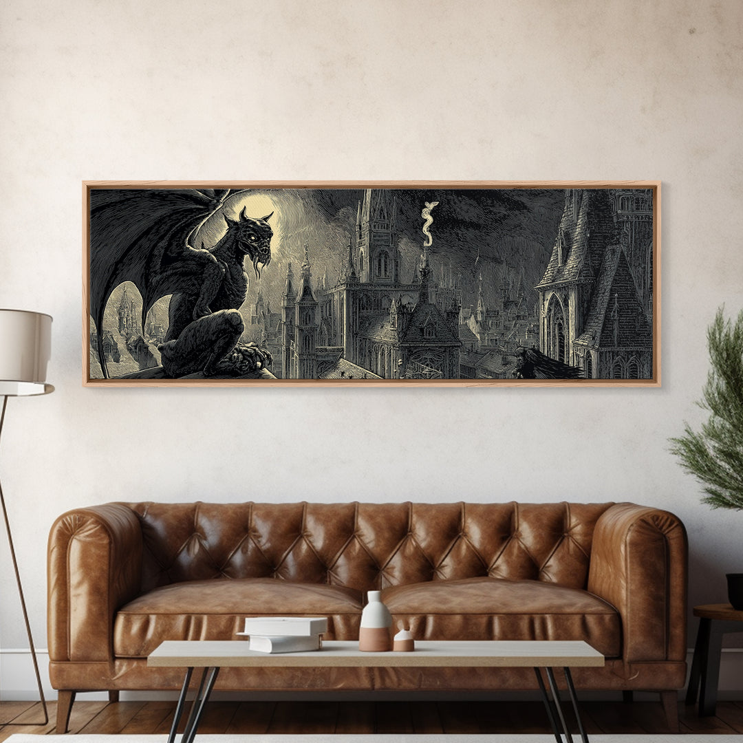 The Gargoyle Sentinel, Macabre Folk Print Art, Extra Wide Wall Art, Macabre Wall Art, Canvas Print, Halloween Wall Art