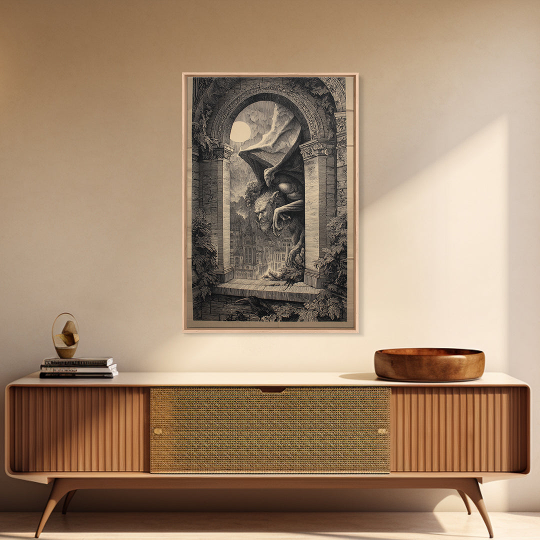 The Gargoyle Sentinel, Victorian Macabre Art, Vertical Wall Art, Dark Fantasy Wall Art, Framed Canvas Print, Halloween Wall Art