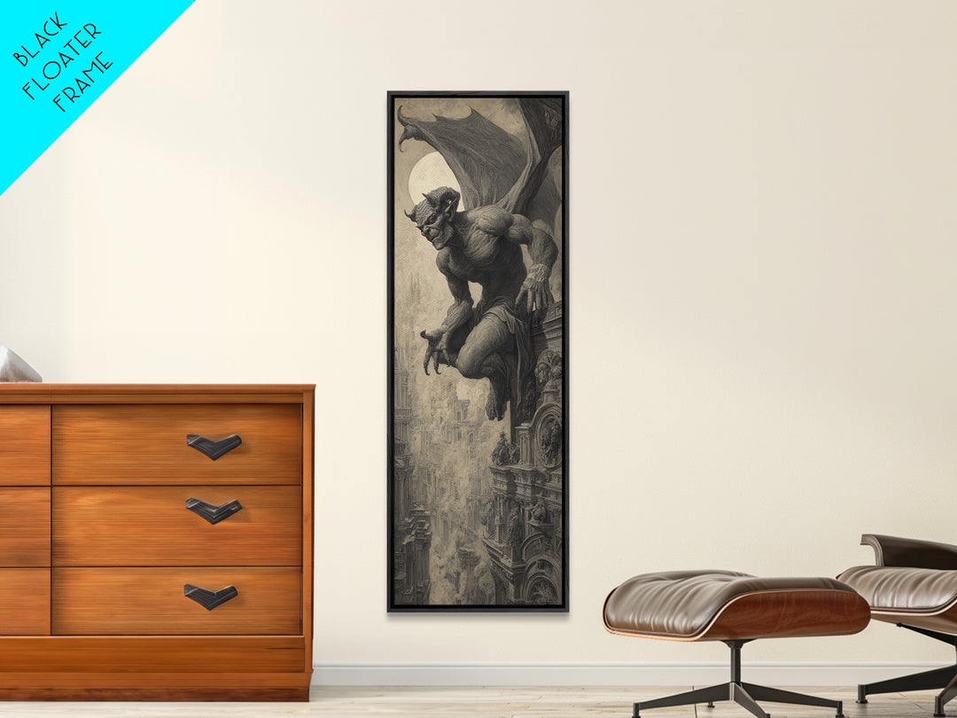The Gargoyle Sentinel, Surreal Apocalyptic Art, Tall Narrow Wall Art, Gothic Horror Wall Art, Framed Canvas Print