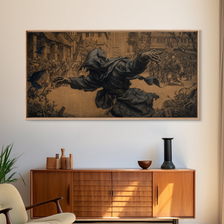 The Tattered Wraith, Northern Renaissance Horror, Wide Panoramic Art, Macabre Wall Art, Framed Canvas Print, Halloween Wall Art