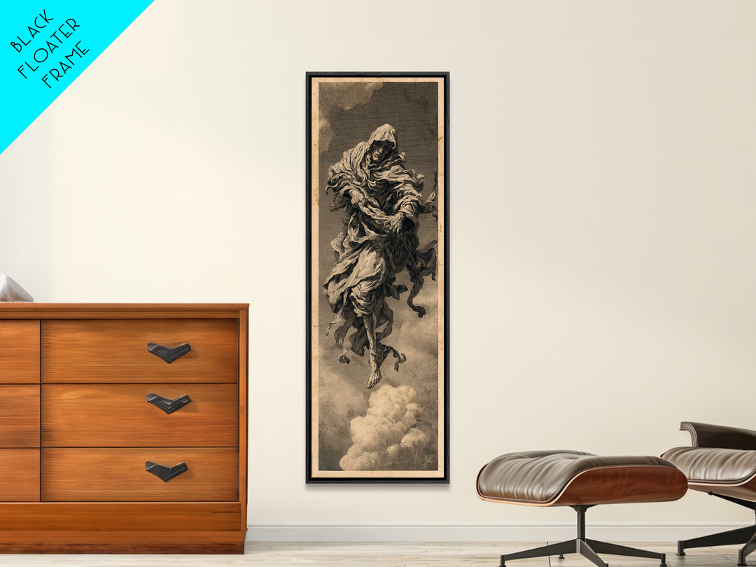 The Tattered Wraith, Architectural Etching Art, Tall Narrow Wall Art, Dark Halloween Decor, Framed Canvas Print