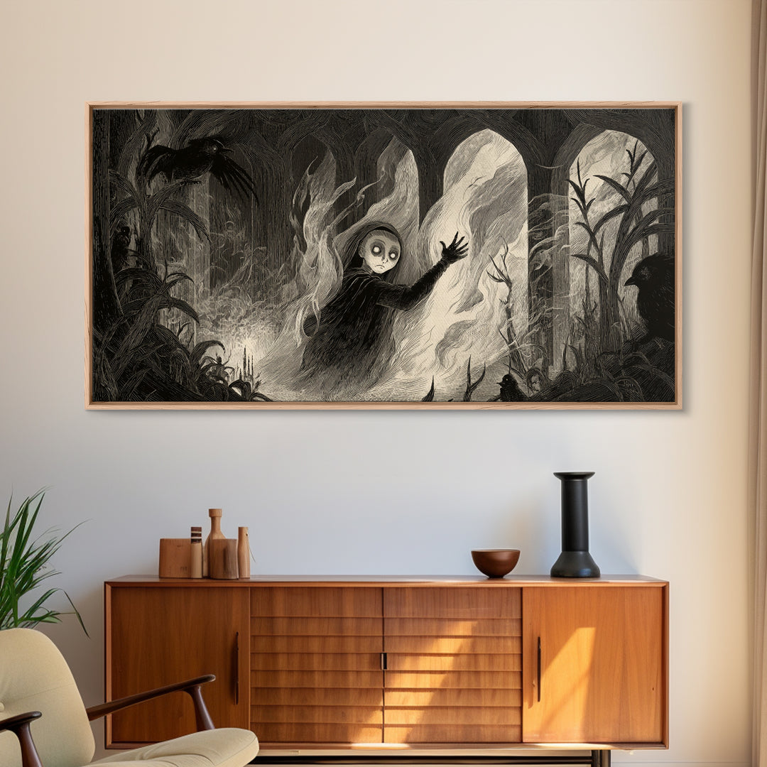 The Tattered Wraith, Expressionist Nightmare Art, Wide Panoramic Art, Dark Fantasy Wall Art, Canvas Print, Halloween Wall Art