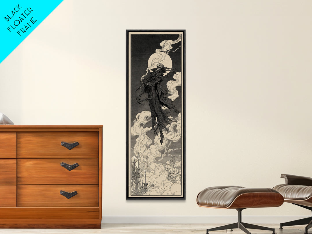 The Tattered Wraith, Decadent Line Art, Tall Narrow Wall Art, Dark Halloween Decor, Framed Canvas Print, Halloween Wall Art