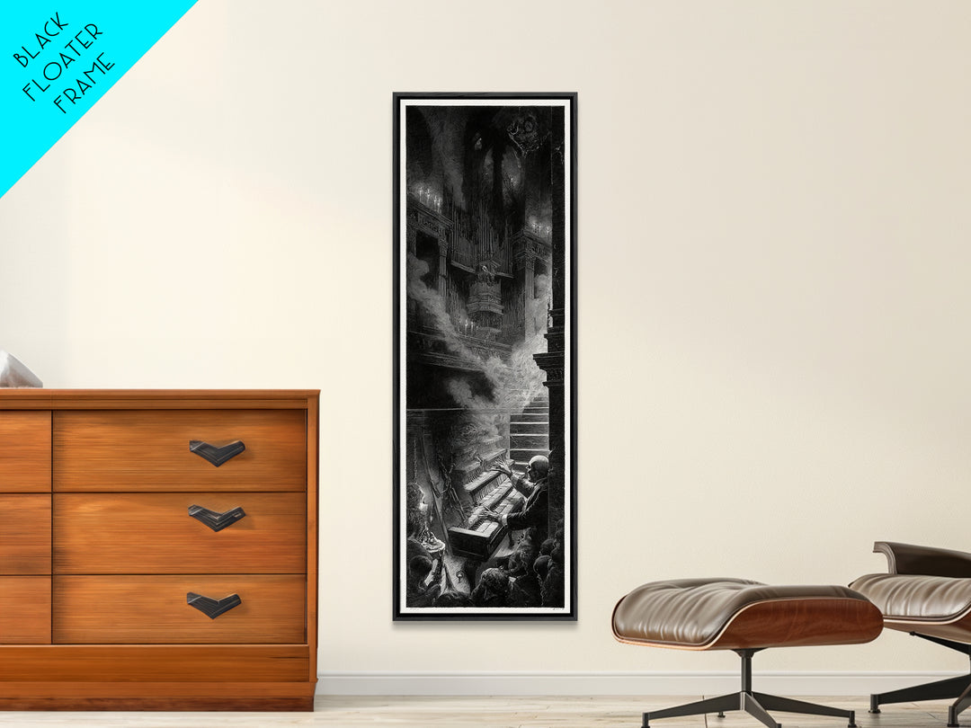 The Phantom Organist, Architectural Etching Art, Tall Narrow Wall Art, Macabre Wall Art, Canvas Print, Halloween Wall Art