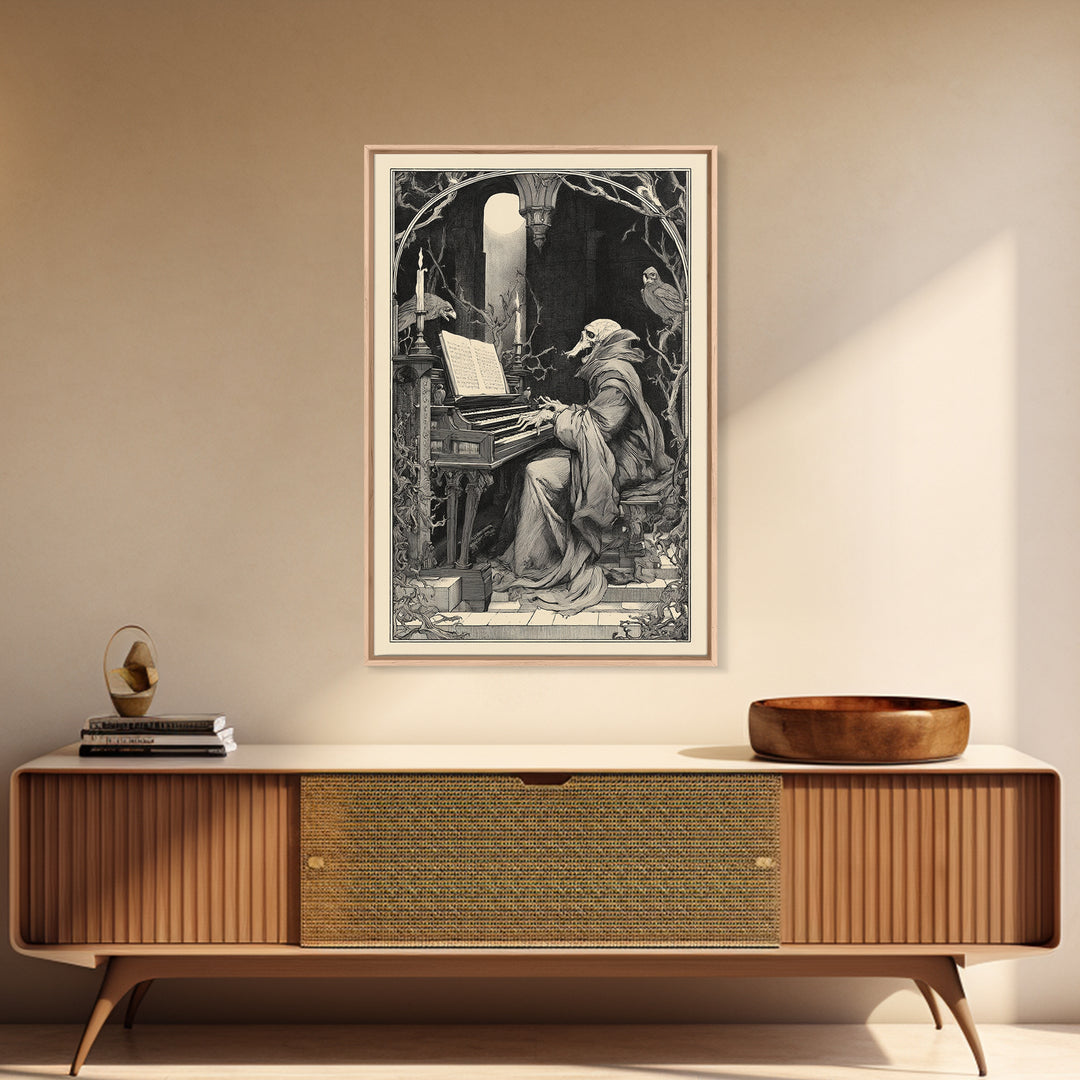 The Phantom Organist, Symbolist Etching Art, Vertical Wall Art, Dark Fantasy Wall Art, Framed Canvas Print, Halloween Wall Art