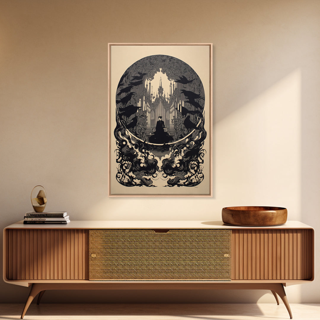 The Phantom Organist, Decadent Line Art, Vertical Wall Art, Gothic Horror Wall Art, Framed Canvas Print, Halloween Wall Art