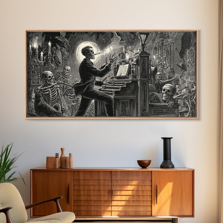 The Phantom Organist, Macabre Folk Print Art, Wide Panoramic Art, Dark Fantasy Wall Art, Framed Canvas Print, Halloween Wall Art