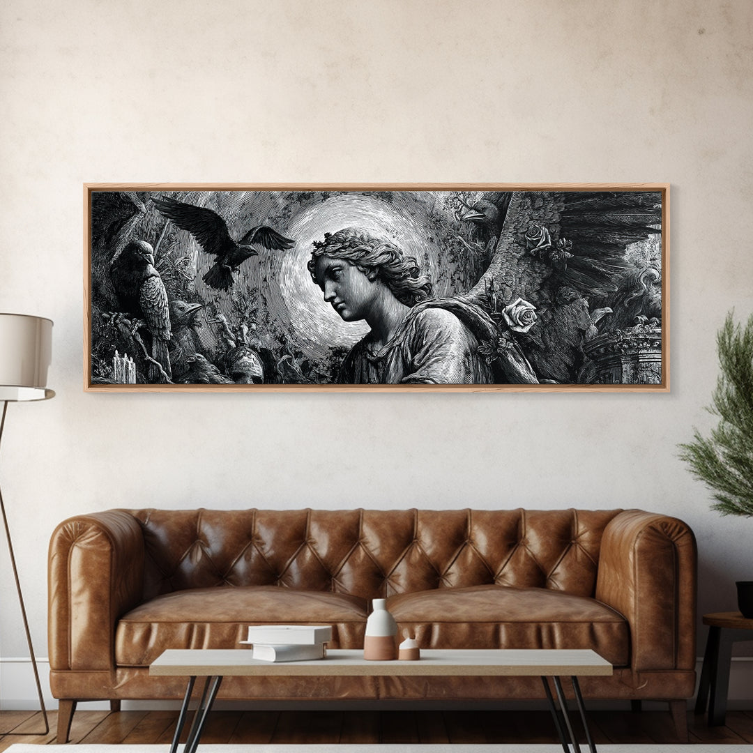 The Weeping Cemetery Angel, Renaissance Engraving Art, Extra Wide Wall Art, Dark Fantasy Wall Art, Canvas Print, Halloween Wall Art