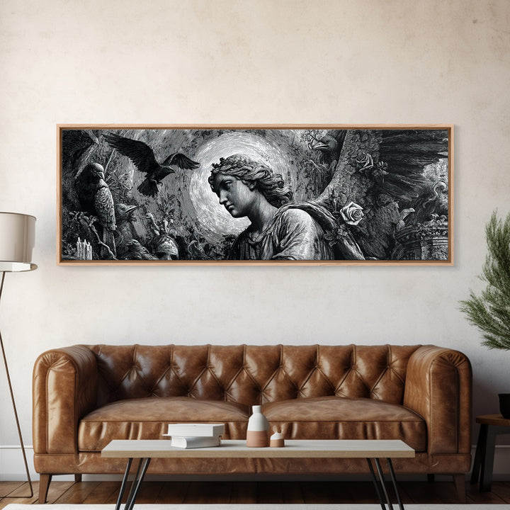 The Weeping Cemetery Angel, Renaissance Engraving Art, Extra Wide Wall Art, Dark Fantasy Wall Art, Canvas Print, Halloween Wall Art