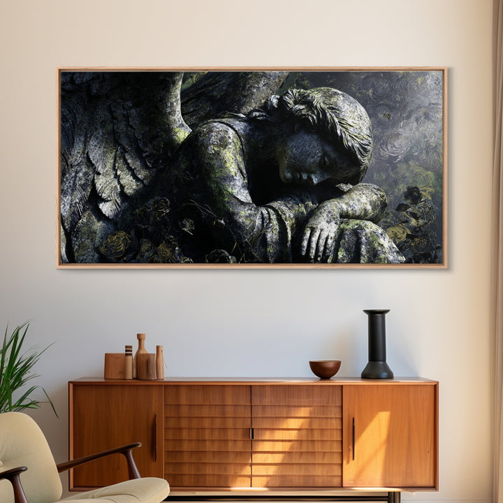 The Weeping Cemetery Angel, Visionary Gothic Art, Wide Panoramic Art, Macabre Wall Art, Framed Canvas Print, Halloween Wall Art