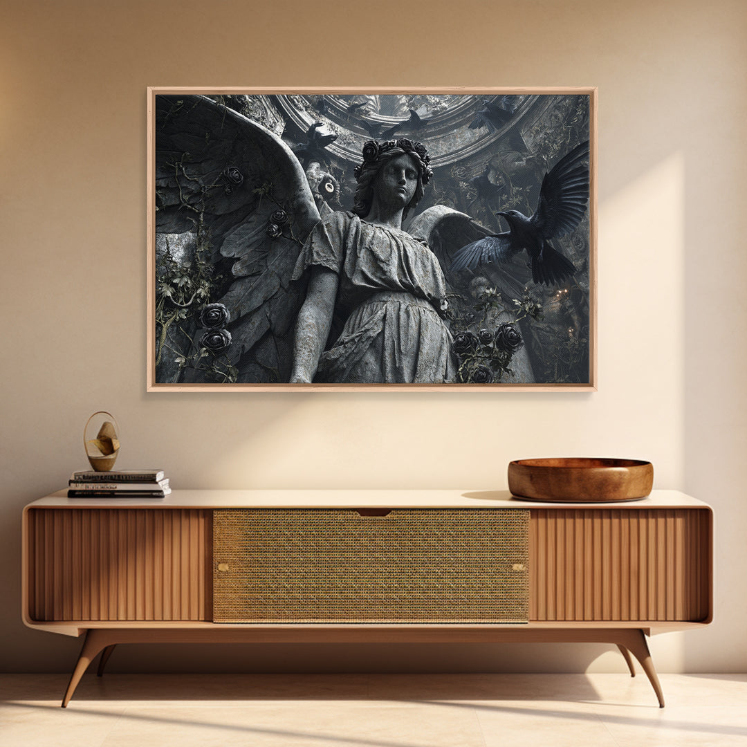 The Weeping Cemetery Angel, Architectural Etching Art, Landscape Wall Art, Dark Fantasy Wall Art, Canvas Print