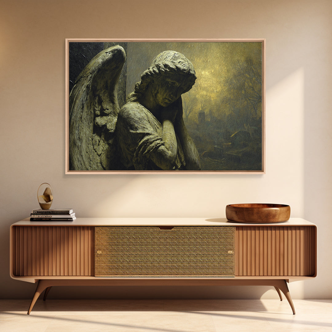 The Weeping Cemetery Angel, Romantic Gothic Landscape, Landscape Wall Art, Dark Fantasy Wall Art, Framed Canvas Print