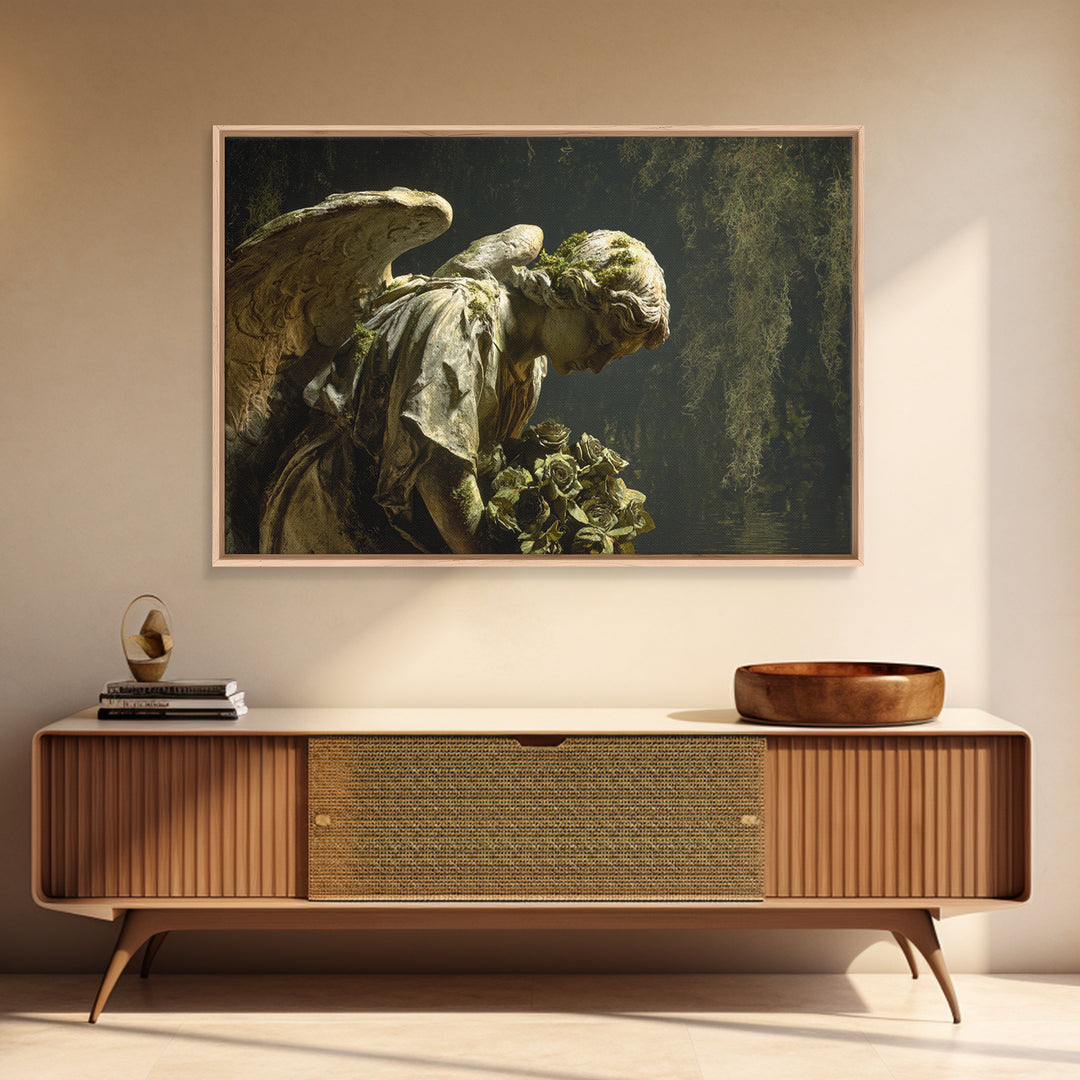 The Weeping Cemetery Angel, Symbolist Gothic Landscape, Landscape Wall Art, Dark Fantasy Wall Art, Framed Canvas Print, Halloween Wall Art