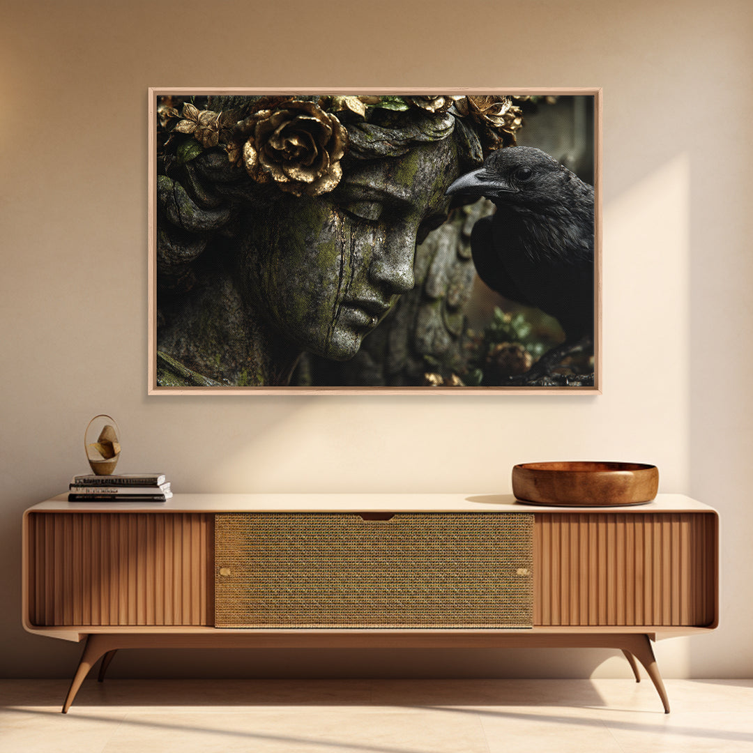 The Weeping Cemetery Angel, Ornate Symbolist Art, Landscape Wall Art, Gothic Horror Wall Art, Framed Canvas Print, Halloween Wall Art