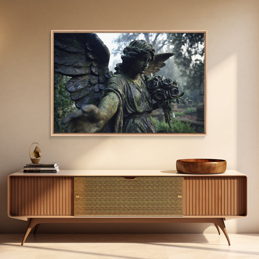 The Weeping Cemetery Angel, Symbolist Etching Art, Landscape Wall Art, Dark Fantasy Wall Art, Canvas Print, Halloween Wall Art
