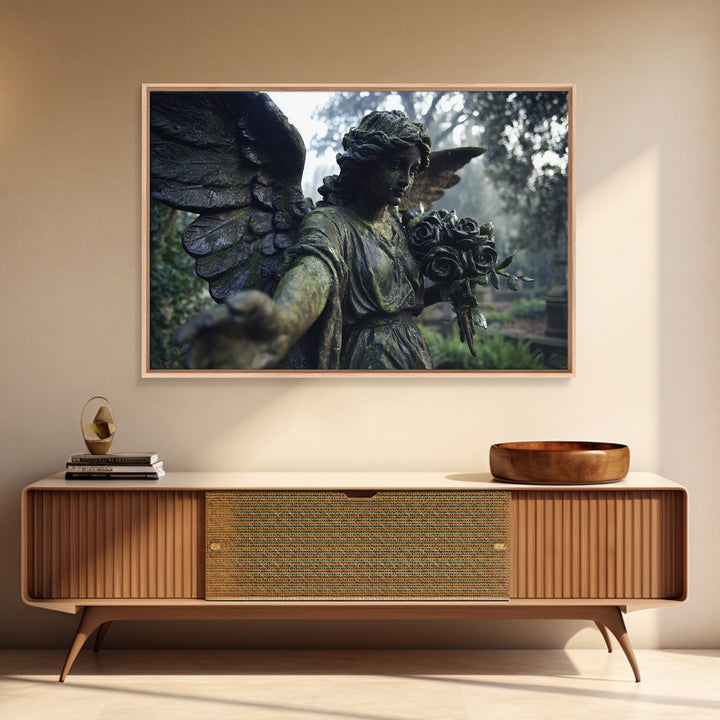 The Weeping Cemetery Angel, Symbolist Etching Art, Landscape Wall Art, Dark Fantasy Wall Art, Canvas Print, Halloween Wall Art
