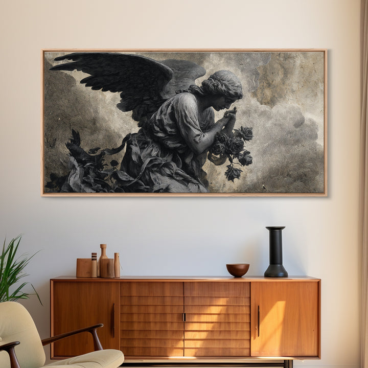 The Weeping Cemetery Angel, Expressionist Nightmare Art, Wide Panoramic Art, Gothic Horror Wall Art, Framed Canvas Print, Halloween Wall Art