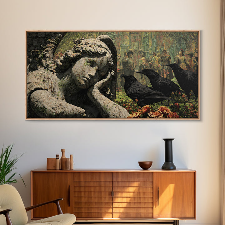 The Weeping Cemetery Angel, Grotesque Carnival Art, Wide Panoramic Art, Dark Halloween Decor, Framed Canvas Print, Halloween Wall Art