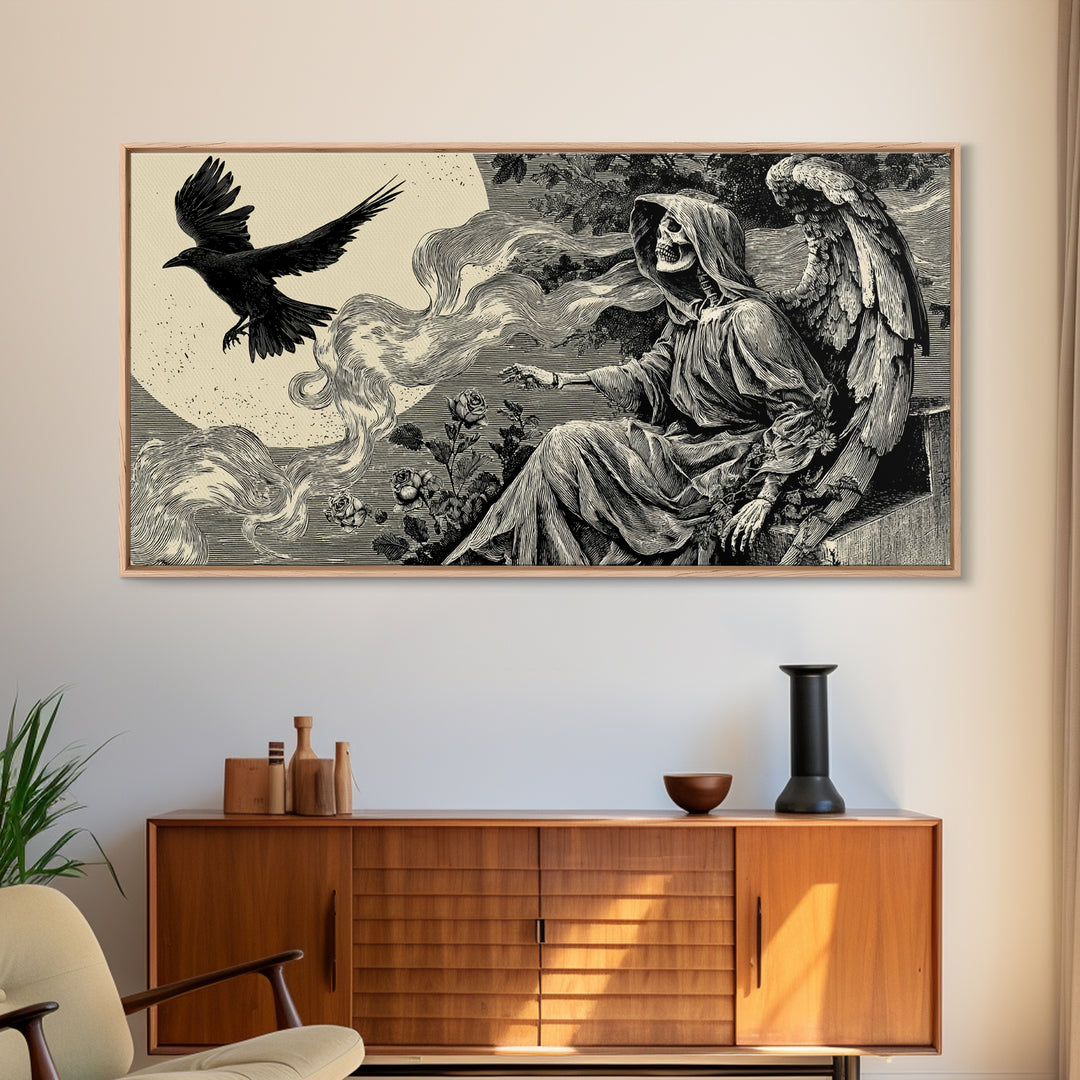 The Weeping Cemetery Angel, Macabre Folk Print Art, Wide Panoramic Art, Macabre Wall Art, Canvas Print, Halloween Wall Art