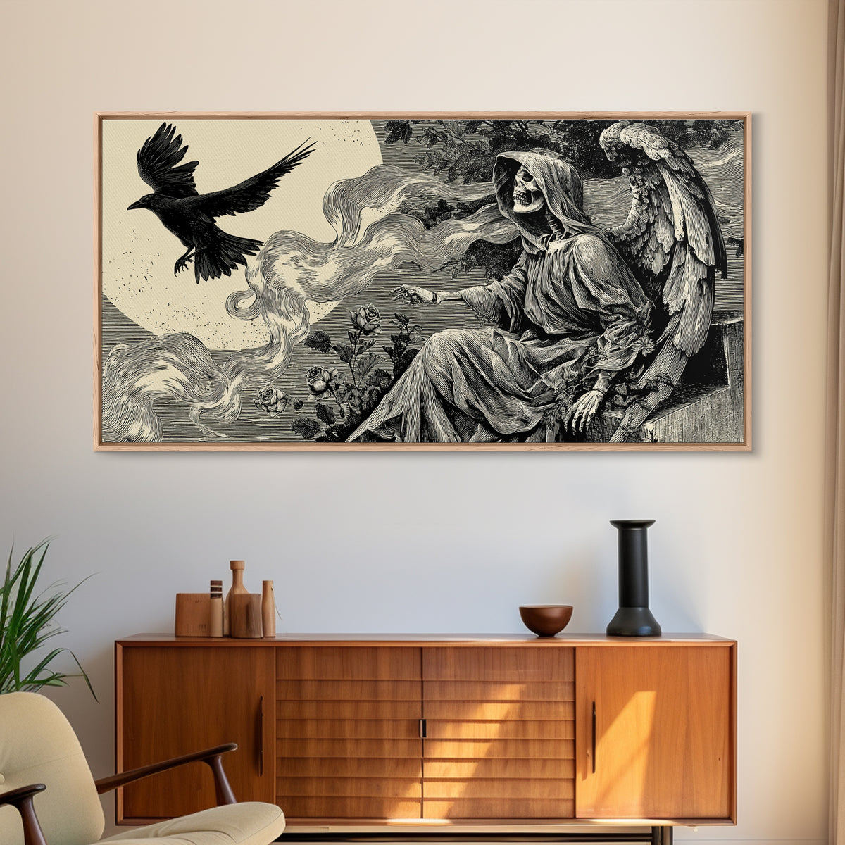 The Weeping Cemetery Angel, Macabre Folk Print Art, Wide Panoramic Art, Macabre Wall Art, Canvas Print, Halloween Wall Art