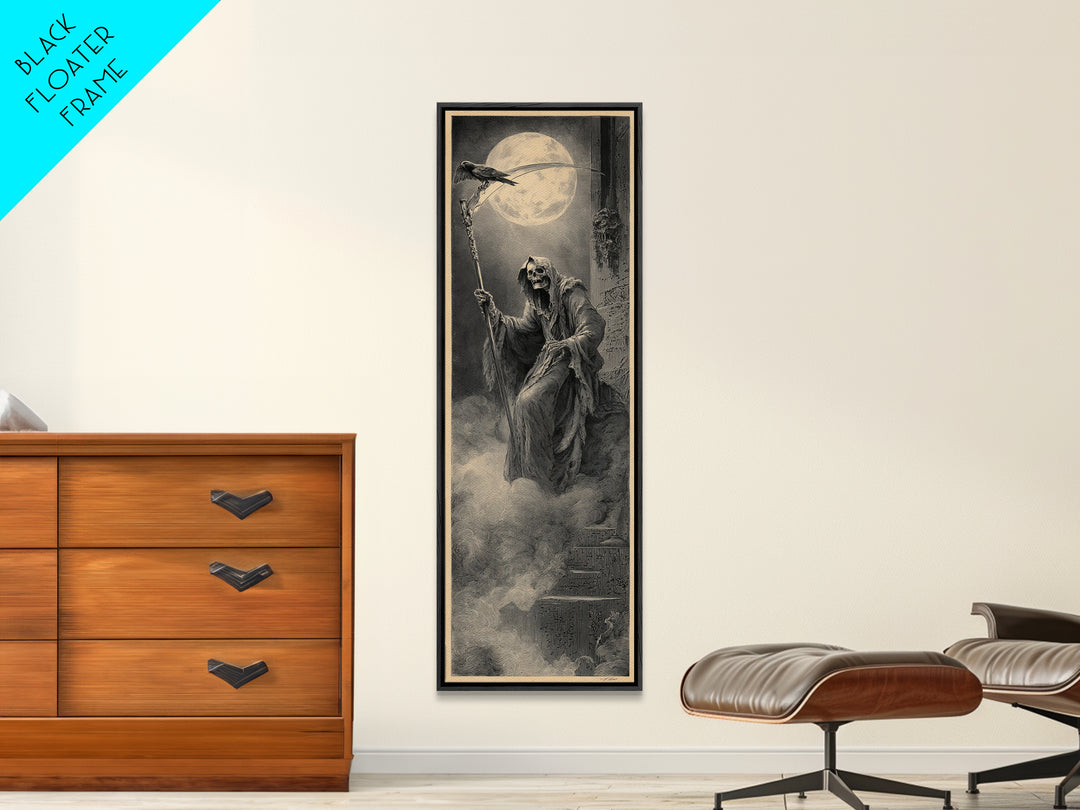 The Fog-Bound Reaper, Gothic Engraving Art, Tall Narrow Wall Art, Dark Halloween Decor, Framed Canvas Print, Halloween Wall Art