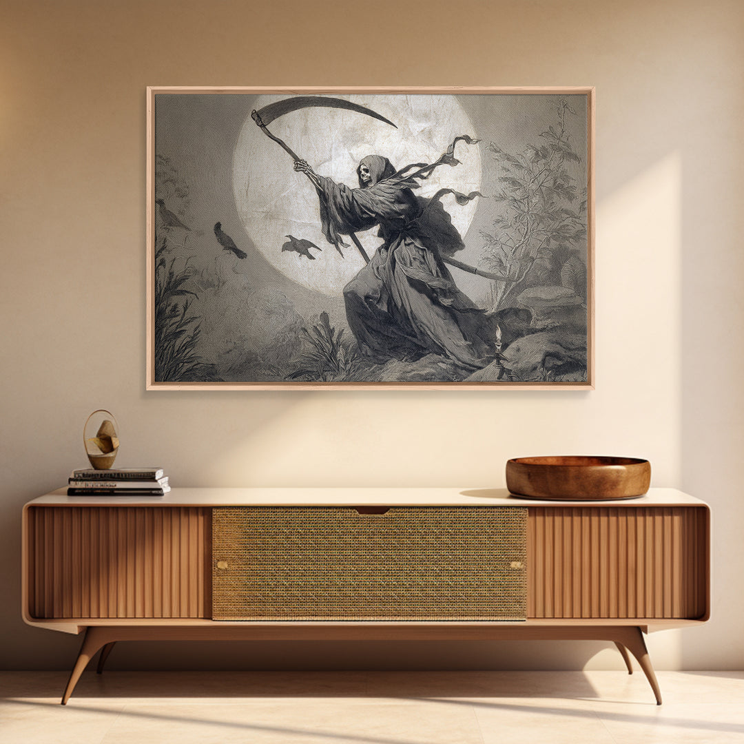 The Fog-Bound Reaper, Medieval Grotesque Art, Landscape Wall Art, Macabre Wall Art, Framed Canvas Print, Halloween Wall Art
