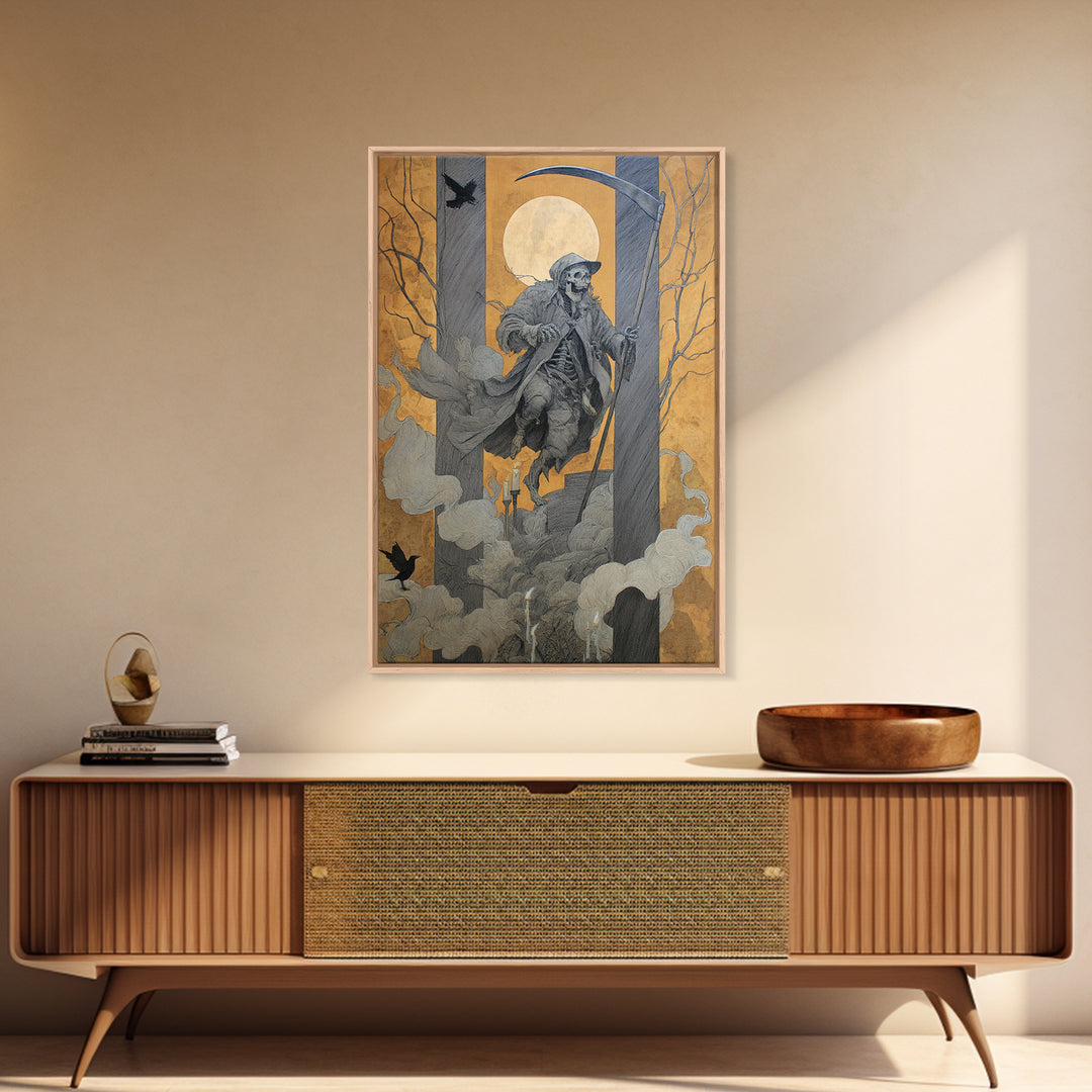 The Fog-Bound Reaper, Danse Macabre Art, Vertical Wall Art, Gothic Horror Wall Art, Framed Canvas Print