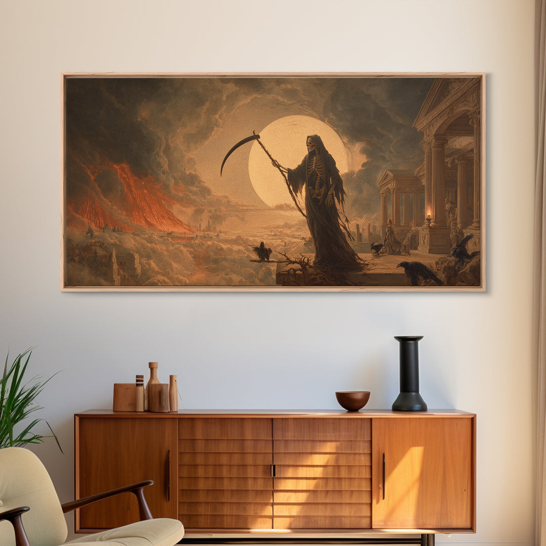 The Fog-Bound Reaper, Apocalyptic Romantic Art, Wide Panoramic Art, Macabre Wall Art, Canvas Print, Halloween Wall Art, Halloween Decor