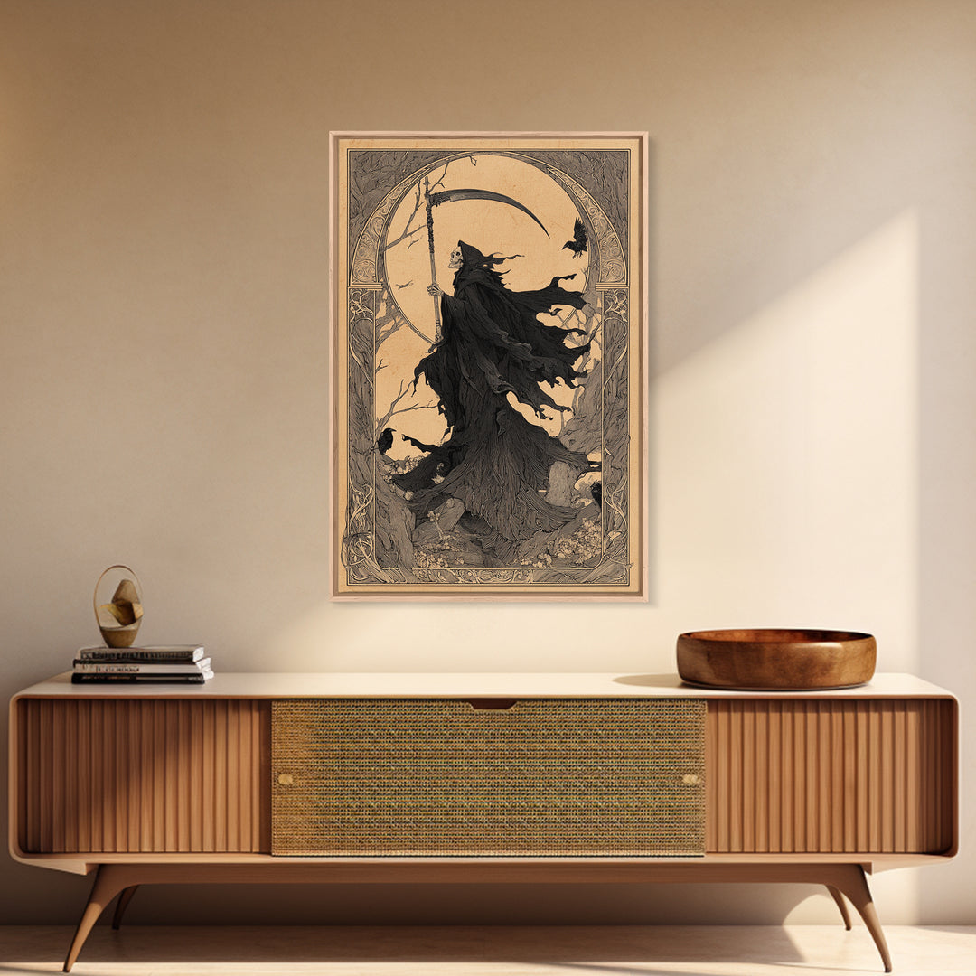 The Fog-Bound Reaper, Decadent Line Art, Vertical Wall Art, Gothic Horror Wall Art, Canvas Print, Halloween Wall Art
