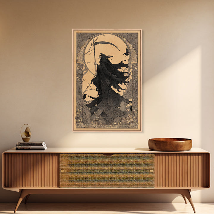 The Fog-Bound Reaper, Decadent Line Art, Vertical Wall Art, Gothic Horror Wall Art, Canvas Print, Halloween Wall Art