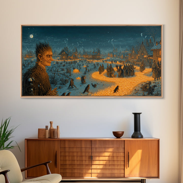 The Candlewax Man, Northern Renaissance Horror, Wide Panoramic Art, Dark Fantasy Wall Art, Framed Canvas Print, Halloween Wall Art