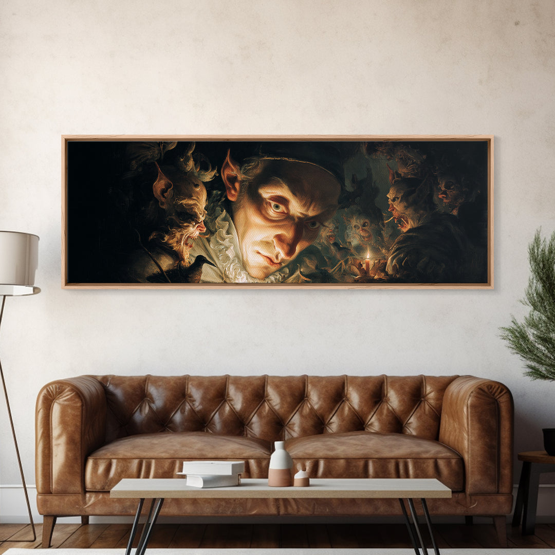 The Mirror Spirit, Medieval Grotesque Art, Extra Wide Wall Art, Dark Halloween Decor, Framed Canvas Print, Halloween Wall Art