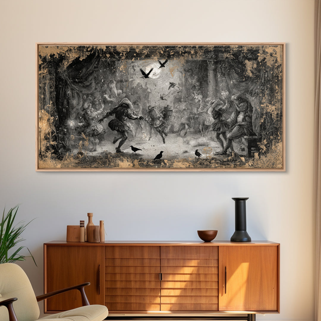 The Mirror Spirit, Northern Renaissance Horror, Wide Panoramic Art, Dark Halloween Decor, Canvas Print, Halloween Wall Art