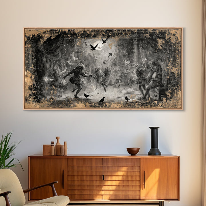 The Mirror Spirit, Northern Renaissance Horror, Wide Panoramic Art, Dark Halloween Decor, Canvas Print, Halloween Wall Art