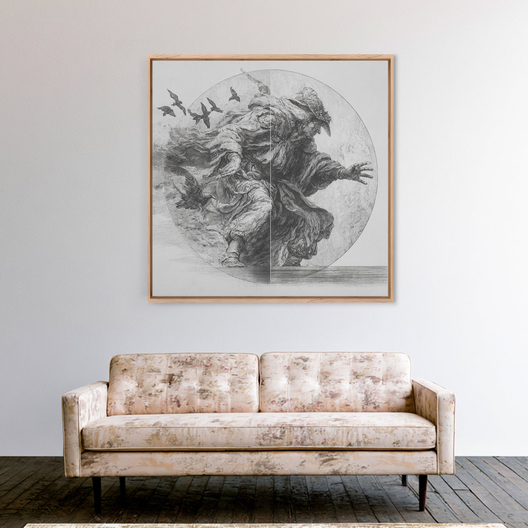 The Mirror Spirit, Renaissance Engraving Art, Square Wall Art, Macabre Wall Art, Canvas Print, Halloween Wall Art, Dark Fantasy Art
