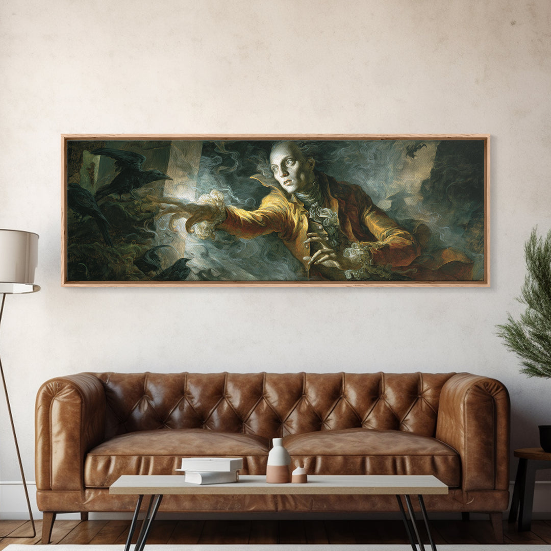The Mirror Spirit, Visionary Gothic Art, Extra Wide Wall Art, Macabre Wall Art, Framed Canvas Print, Halloween Wall Art