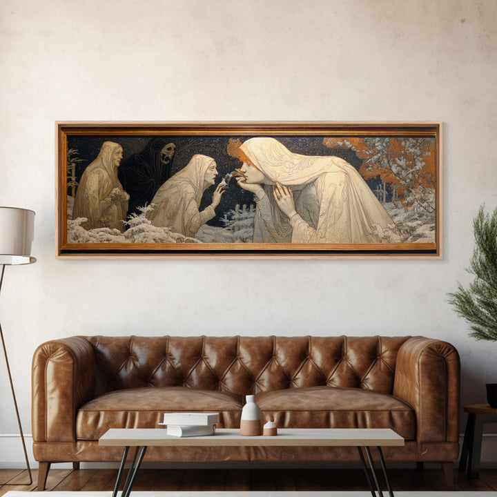 The Mirror Spirit, Symbolist Death Art, Extra Wide Wall Art, Macabre Wall Art, Framed Canvas Print, Halloween Wall Art