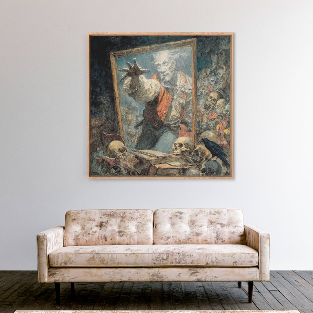 The Mirror Spirit, Grotesque Carnival Art, Square Wall Art, Dark Fantasy Wall Art, Framed Canvas Print, Halloween Wall Art