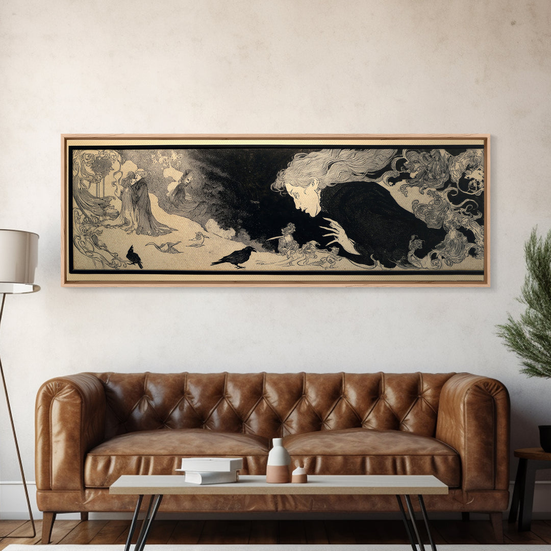 The Mirror Spirit, Decadent Line Art, Extra Wide Wall Art, Gothic Horror Wall Art, Canvas Print, Halloween Wall Art