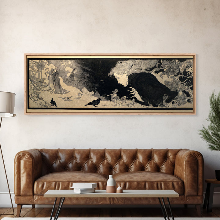 The Mirror Spirit, Decadent Line Art, Extra Wide Wall Art, Gothic Horror Wall Art, Canvas Print, Halloween Wall Art