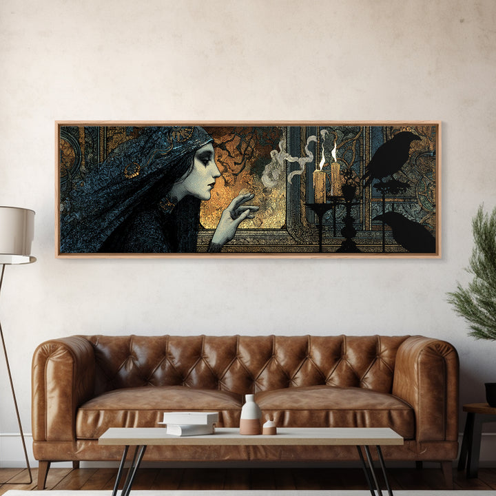 The Mirror Spirit, Stained Glass Gothic Art, Extra Wide Wall Art, Dark Halloween Decor, Framed Canvas Print, Halloween Wall Art