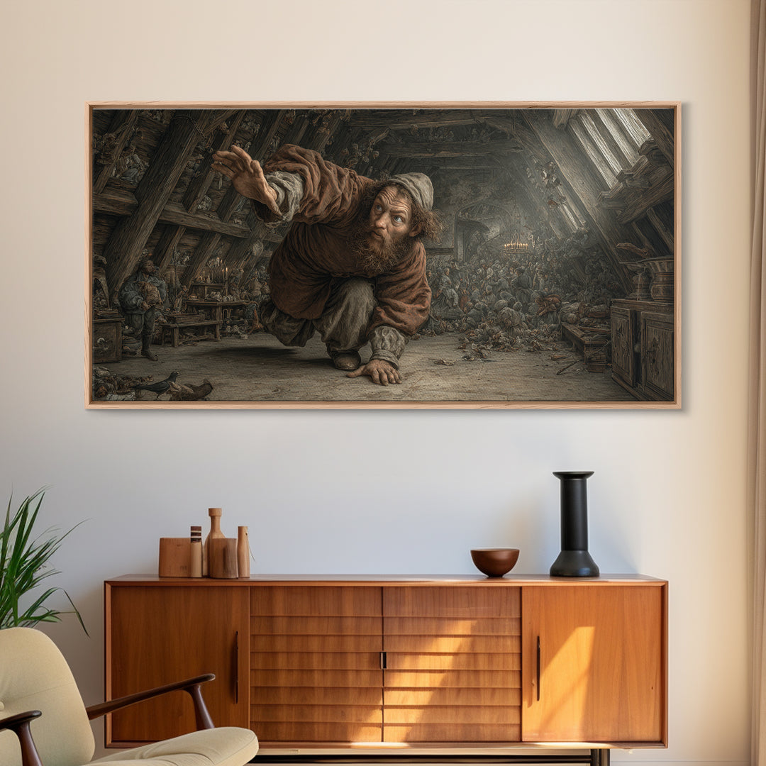 The Attic Whisperer, Northern Renaissance Horror, Wide Panoramic Art, Dark Fantasy Wall Art, Framed Canvas Print