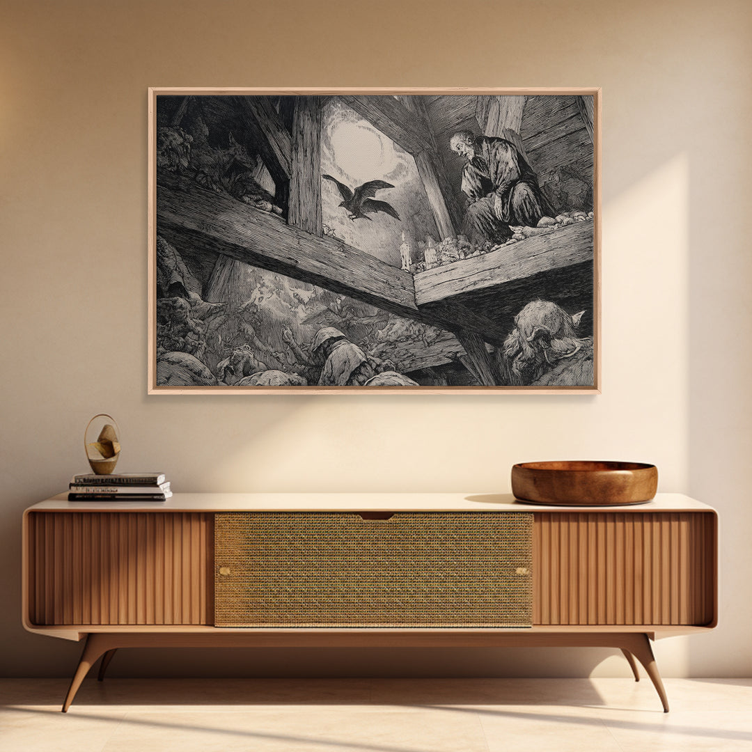 The Attic Whisperer, Renaissance Engraving Art, Landscape Wall Art, Macabre Wall Art, Canvas Print, Halloween Wall Art, Spooky Wall Decor